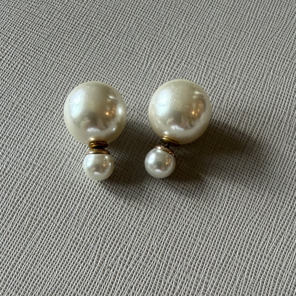 Classic Double Pearl Stud Costume Earrings - Cream and Gold
